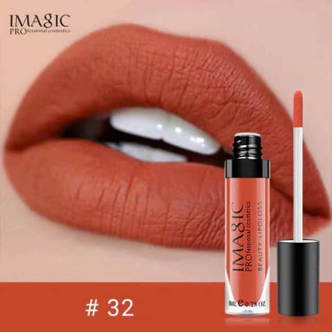 Imagic Liquid Matte lipstick in shade 32, a dark pink, with clear tube and black cap.
