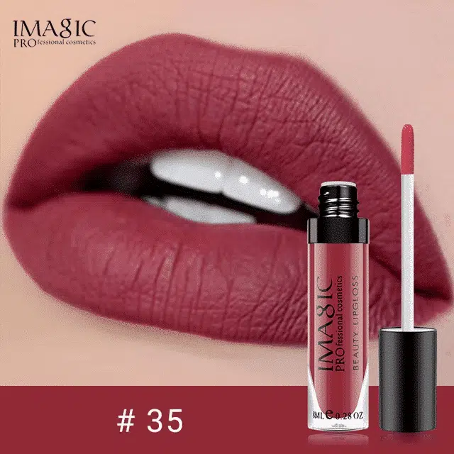 Imagic Liquid Matte Lipstick #35 in clear retail packaging, showing the deep berry tube. - thumbnail