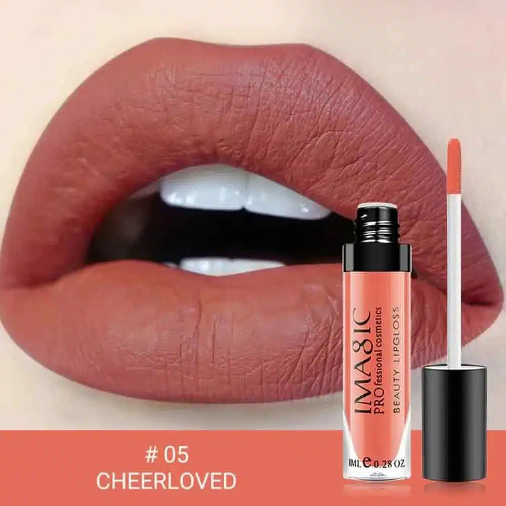 Imagic Liquid Matte lipstick shade 5 in a clear tube with black cap, displaying rich reddish-brown color. - thumbnail