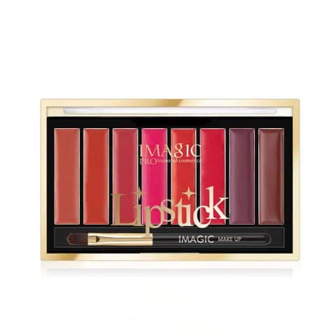 Imagic 8-color matte lipstick palette, closed sleek black case, ready for vibrant makeup.