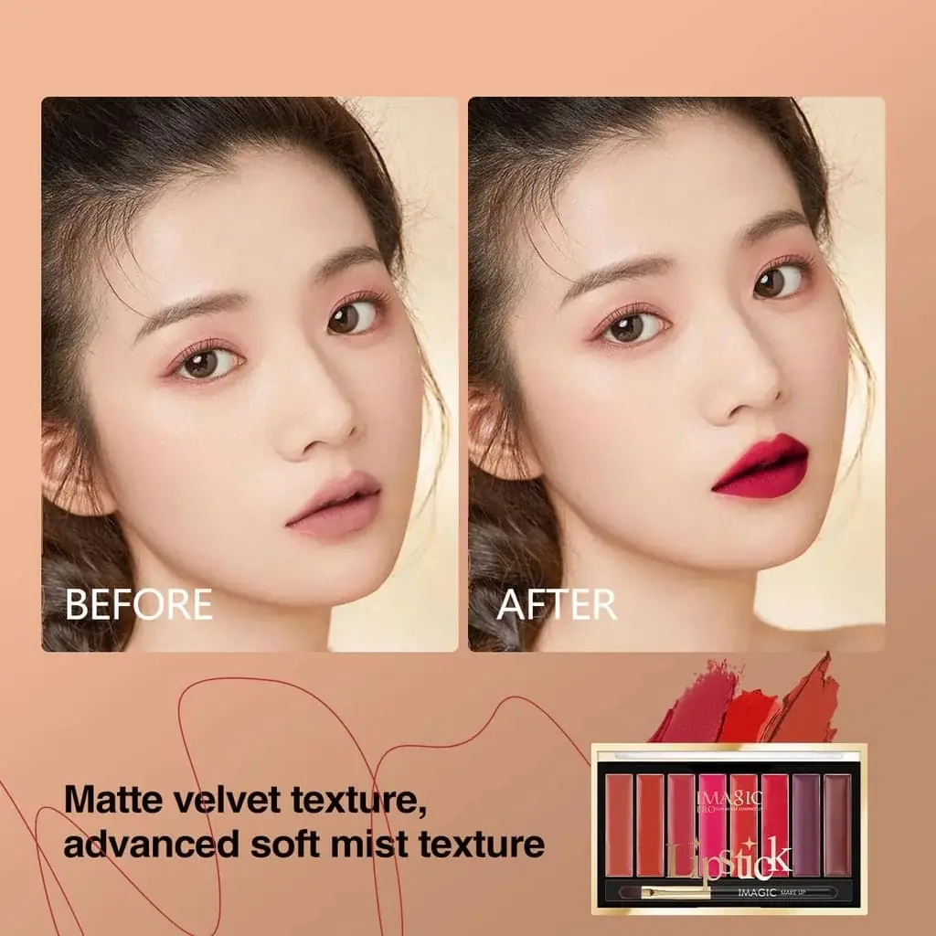 Close-up of Imagic matte lipstick palette, showcasing rich texture and vibrant pink shades. - thumbnail