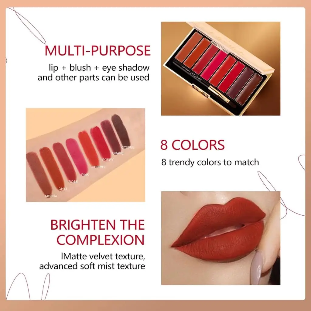 Imagic 8-color matte lipstick palette with brush applicator, ready for smooth lip application. - thumbnail