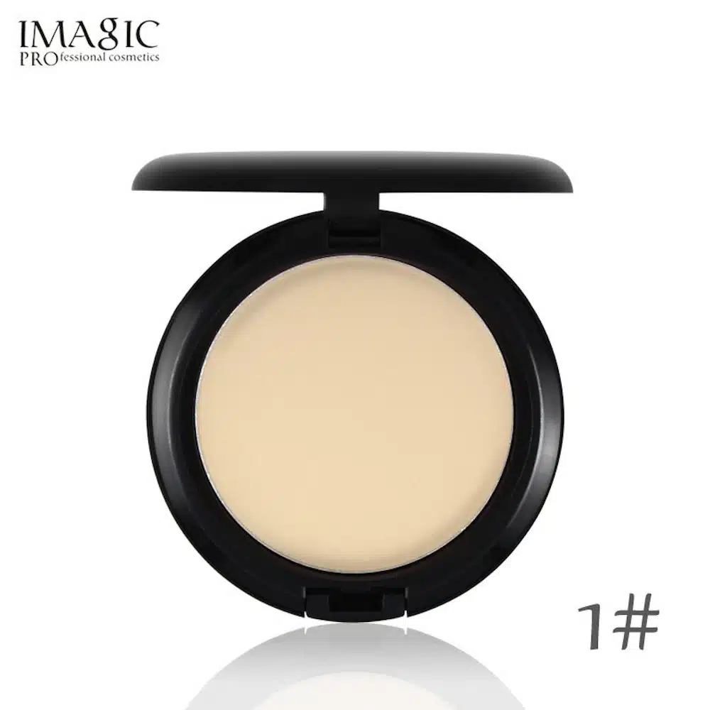 Imagic Pressed Powder Studio Fix compact in a sleek black case with bright white shade visible. - thumbnail