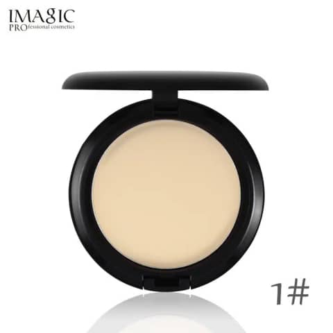 Imagic Pressed Powder Studio Fix compact in a sleek black case with bright white shade visible.