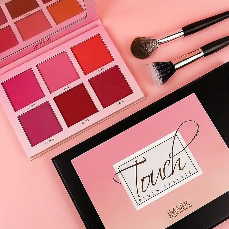 Open Imagic Touch Blush Palette showcasing six diverse, blendable shades, with a built-in mirror. - thumbnail