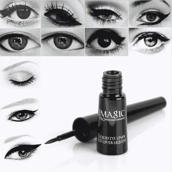 Imagic black waterproof liquid eyeliner pen with silver cap, showing its fine brush applicator.