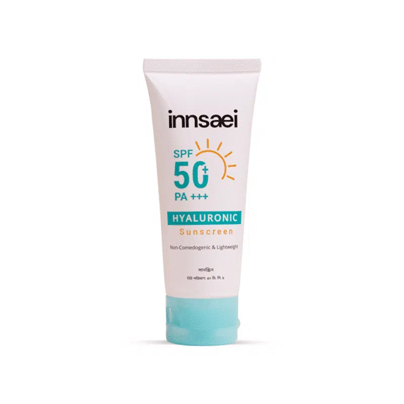 Innsaei Hyaluronic Sunscreen SPF 50+ PA+++ in a light blue tube with white cap, front view. - thumbnail