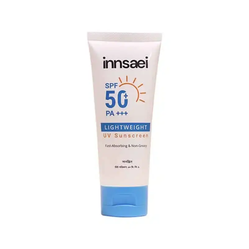 Innsaei Lightweight UV Sunscreen SPF 50+ PA+++ white tube with silver cap, upright. - thumbnail