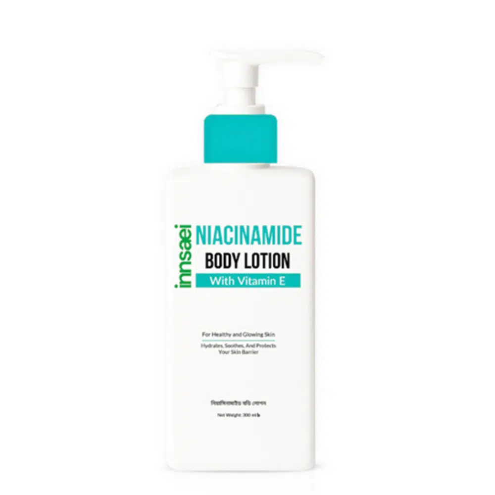 Innsaei Niacinamide Body Lotion with Vitamin E 300ml, white pump bottle, front view.