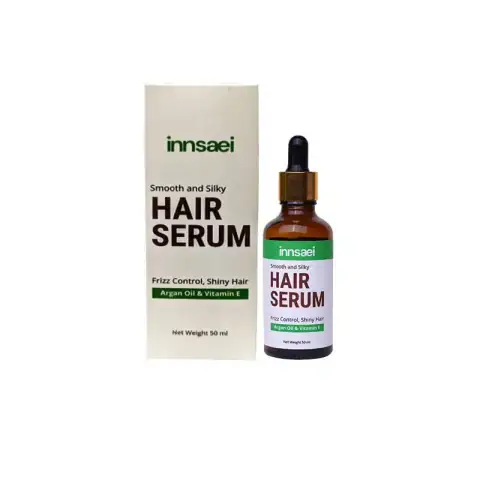 Innsaei Smooth and Silky Hair Serum 50ml in a clear glass bottle with silver pump.