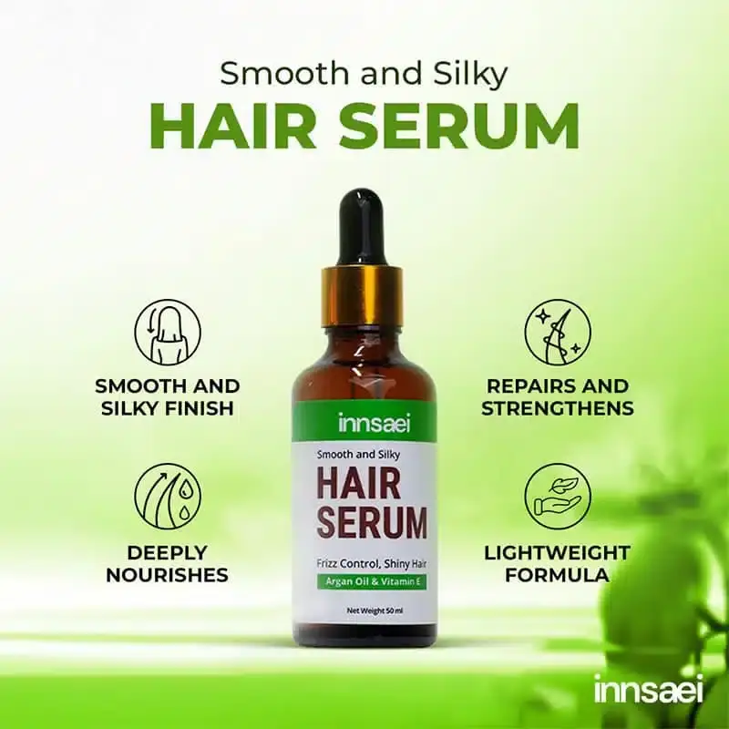 Two Innsaei Smooth and Silky Hair Serum 50ml clear bottles, one upright, one horizontal. - thumbnail