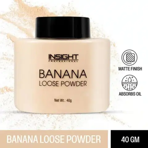 Insight Cosmetics 40gm Banana Loose Powder in its clear jar with yellow powder and cap.