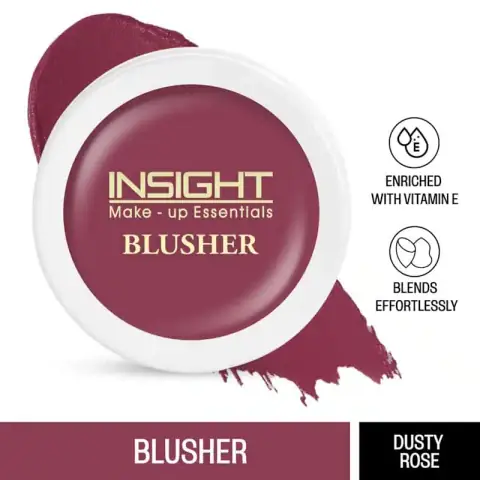 Insight Cosmetics Blusher compact open, revealing dusty rose powder and applicator brush on white.