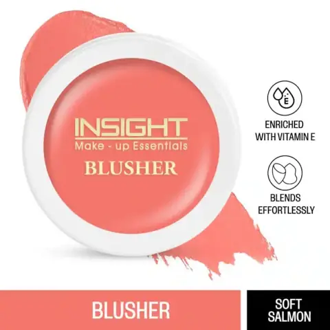 Insight Cosmetics blusher compact, soft salmon shade, closed packaging on a light surface.