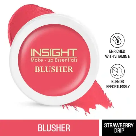 Insight Cosmetics Strawberry Drip blusher compact, closed, white packaging, showing peachy-pink powder.