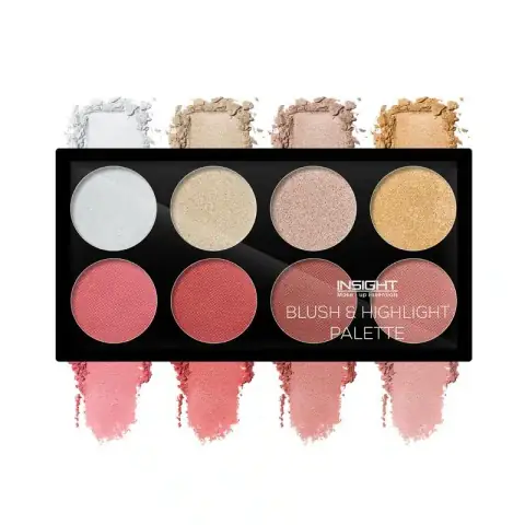 Insight Cosmetics 8-color blush and highlight palette open, revealing vibrant pinks and shimmery gold shades.