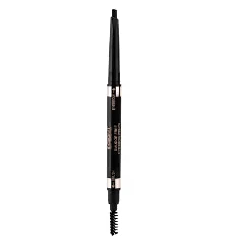Standing black Insight Cosmetics Smudge Free Eyebrow Pencil, sleek packaging on display.
