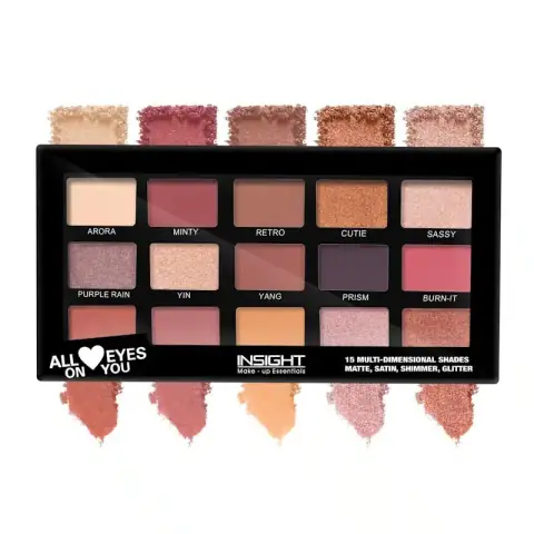 Insight Cosmetics 'All Eyes on You' 15-color eyeshadow palette with sleek black closed packaging, front view.