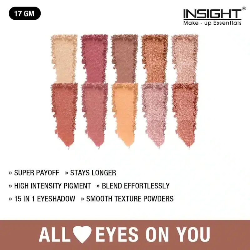 Opened Insight Cosmetics 'All Eyes on You' 15-color eyeshadow palette, revealing diverse vibrant shades and mirror. - thumbnail