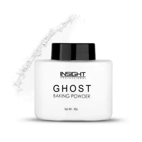 Insight Cosmetics Ghost Baking Powder in its clear jar, white lid, revealing fine white powder.