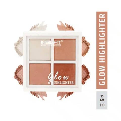 Insight Cosmetics Glow 4 Color Highlighter palette, showcasing four shimmering shades in a white compact.