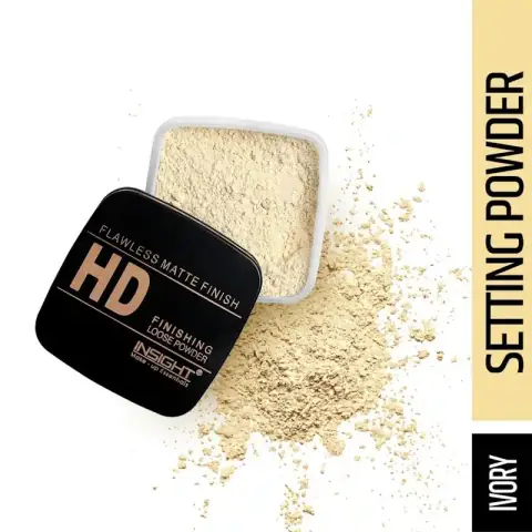 Insight Cosmetics HD Finishing Loose Powder, Ivory shade, in its round clear and white packaging.