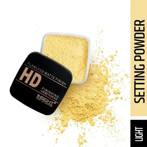 Insight Cosmetics HD Finishing Loose Powder Light in transparent round container with black lid.
