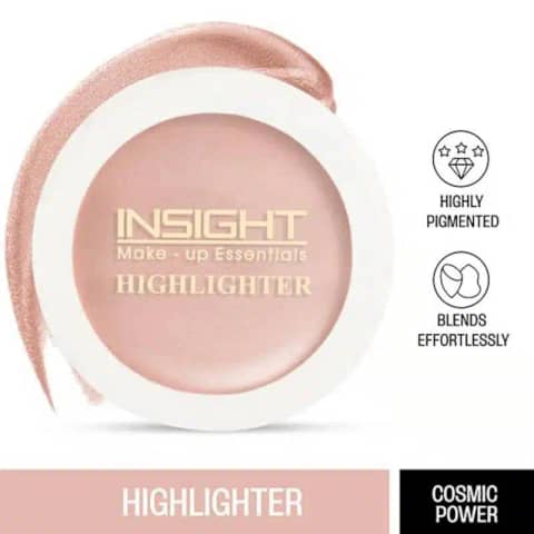 Insight Cosmetics "Cosmic Power" highlighter compact open, revealing a pearlescent, swirled shimmer powder.