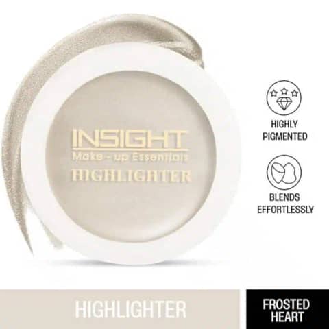 Insight Cosmetics Frosted Heart highlighter compact, open revealing the shimmery pressed powder.