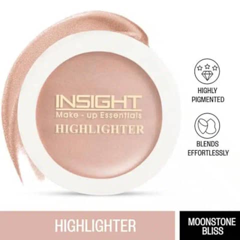Insight Cosmetics Moonstone Bliss highlighter compact, closed, displaying its sleek silver-grey packaging.