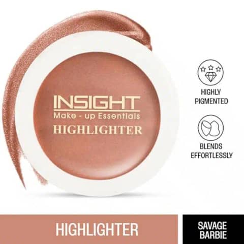 Insight Cosmetics "Savage Barbie" highlighter compact, displaying its shimmery peach-pink powder in a clear top.