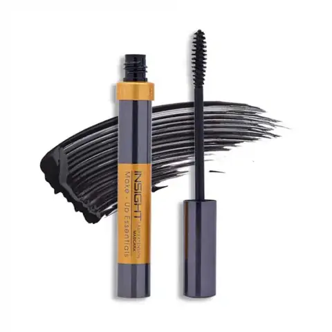 Insight Cosmetics Lash Extension Mascara, a sleek black tube with silver branding, standing upright on white.