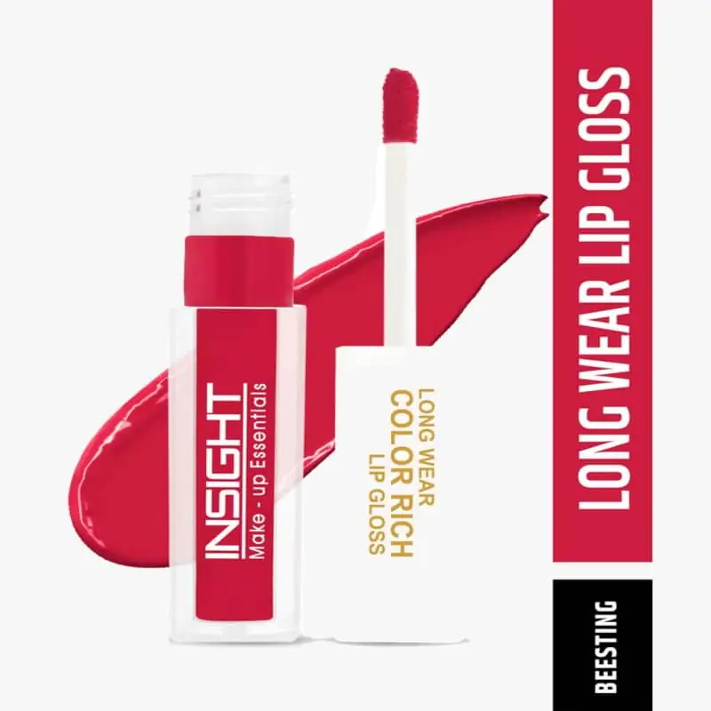 Insight Cosmetics Bee Sting 03 Lip Gloss tube alongside a vibrant peachy swatch on skin. - thumbnail