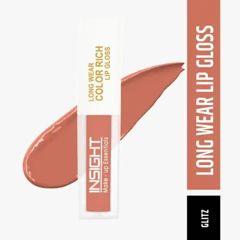 Insight Cosmetics Long Wear Color Rich Lip Gloss Glitz 08 standing upright in clear tube with silver cap.
