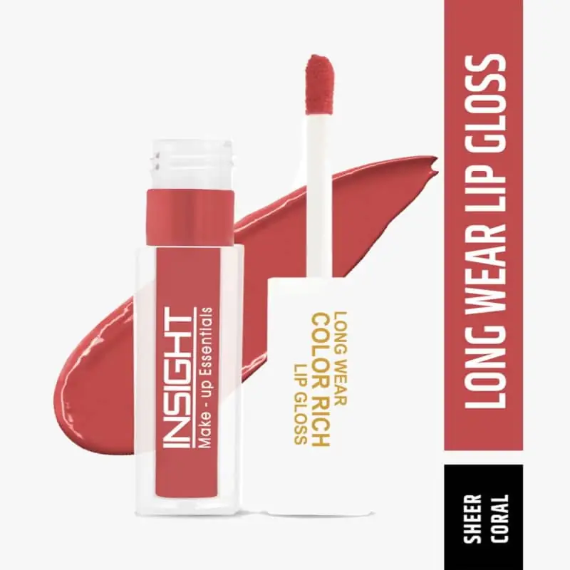 Close-up of Insight Cosmetics Sheer Coral 09 lip gloss applicator showing shimmery product texture. - thumbnail