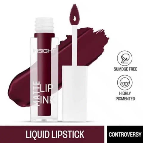 Insight Cosmetics Matte Lip Ink in Controversy 14, dark brown lipstick tube, open with doe-foot applicator.
