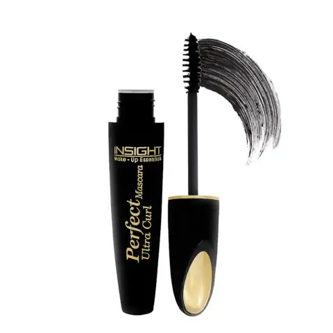 Insight Cosmetics Perfect Mascara Ultra Curl Volume, sleek black tube with silver text, white background.