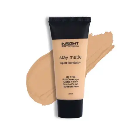 Insight Cosmetics Stay Matte liquid foundation in Golden Amber 01, clear glass bottle with black pump.