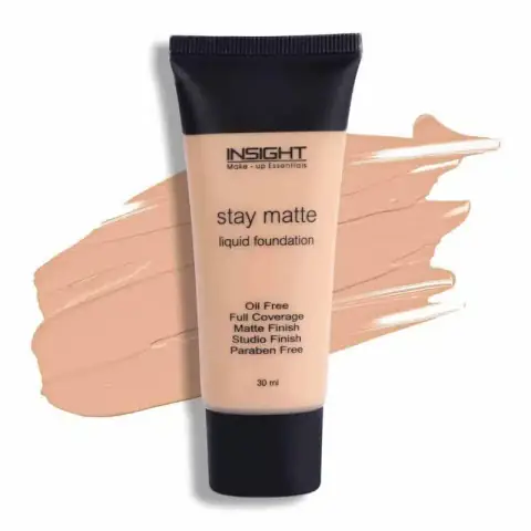 Insight Cosmetics Stay Matte Liquid Foundation, Rose Beige 02 shade, in a white squeeze tube.
