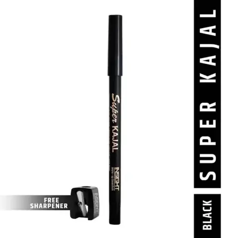 Insight Cosmetics Super Kajal black eyeliner pencil with silver text and its clear-capped sharpener.
