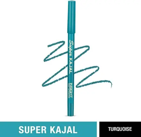 Insight Cosmetics Super Kajal in vibrant turquoise, standing upright, sleek packaging on white.