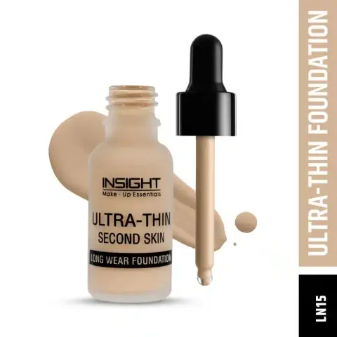 Insight Cosmetics Ultra Thin Foundation LN15 in its clear glass bottle with a black pump.