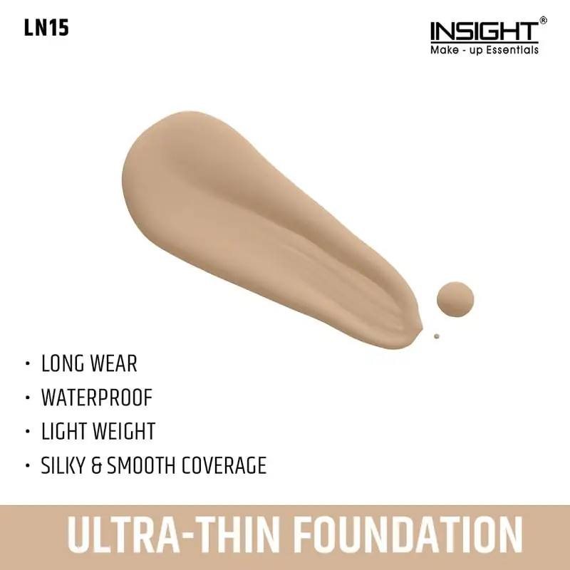 Insight Cosmetics Ultra Thin Foundation LN15 glass bottle displayed horizontally, showing full label. - thumbnail