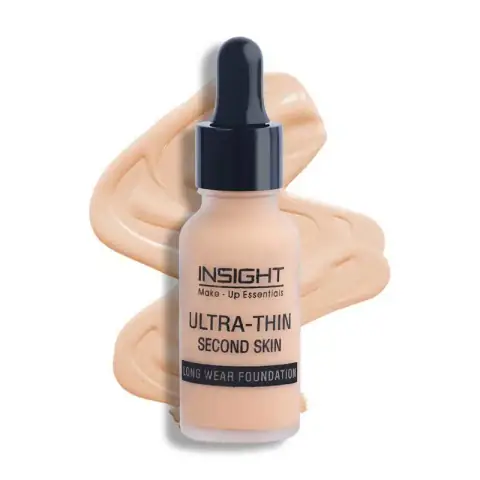 Insight Cosmetics Ultra Thin Foundation in Warm Nude, presented in a sleek clear glass pump bottle.
