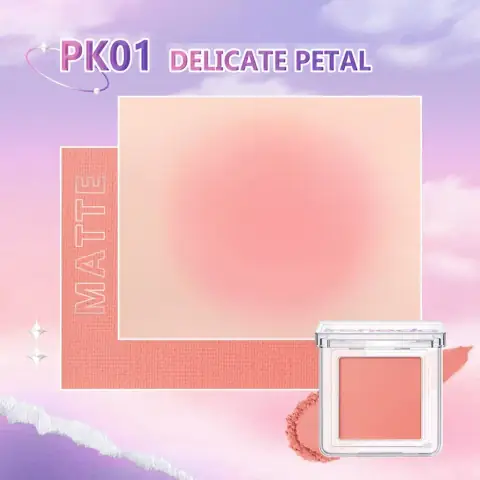 Ireneda high-pigment PK01 blush powder, round compact with clear lid, vibrant pink shade.