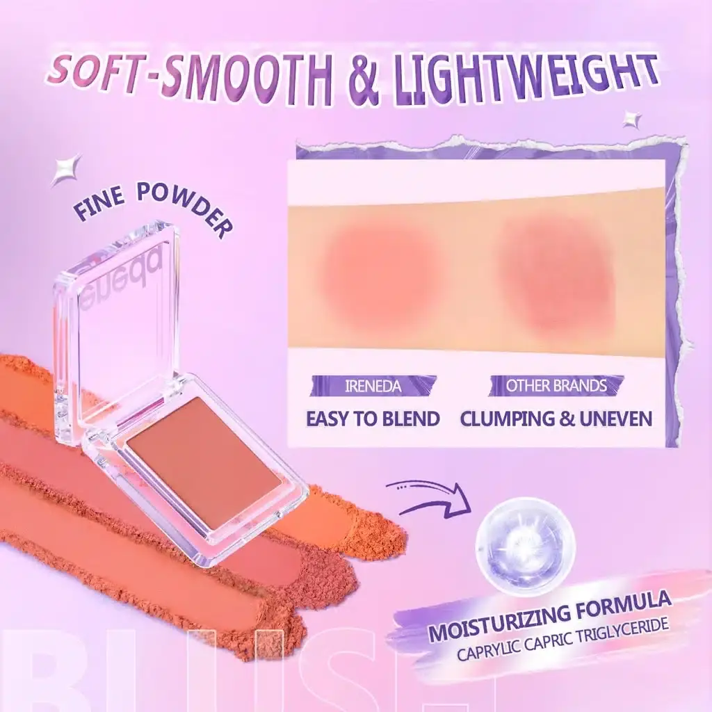 Ireneda high-pigment PK01 blush powder open compact, demonstrating soft texture with a finger swatch. - thumbnail