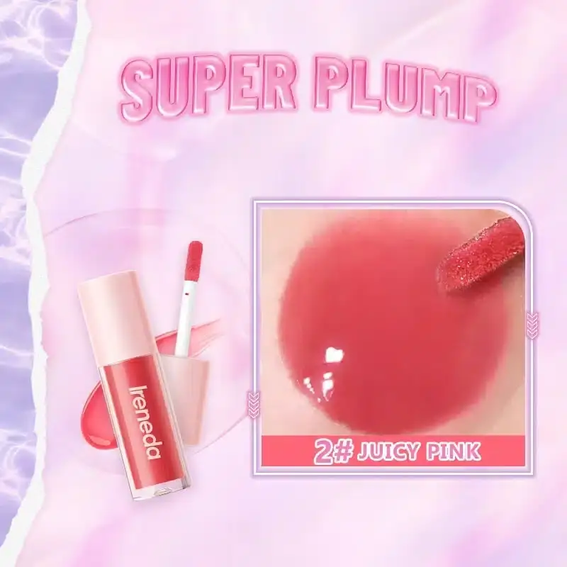 Ireneda Hi-shine Lip Gloss IR06 Juicy Pink tube standing, showcasing its glossy clear packaging. - thumbnail