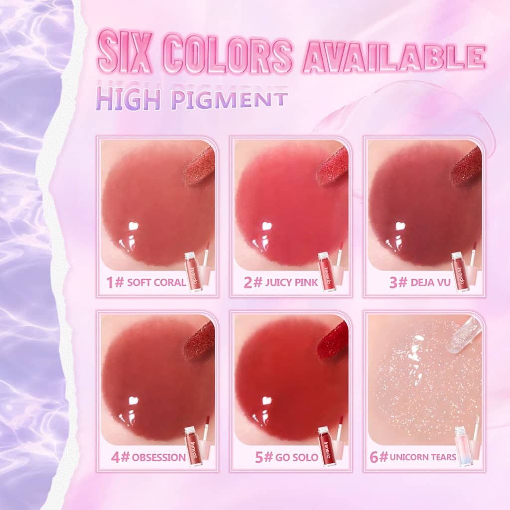 Ireneda Hi-shine Lip Gloss with extended applicator showing shiny peachy-pink texture, two tubes. - thumbnail