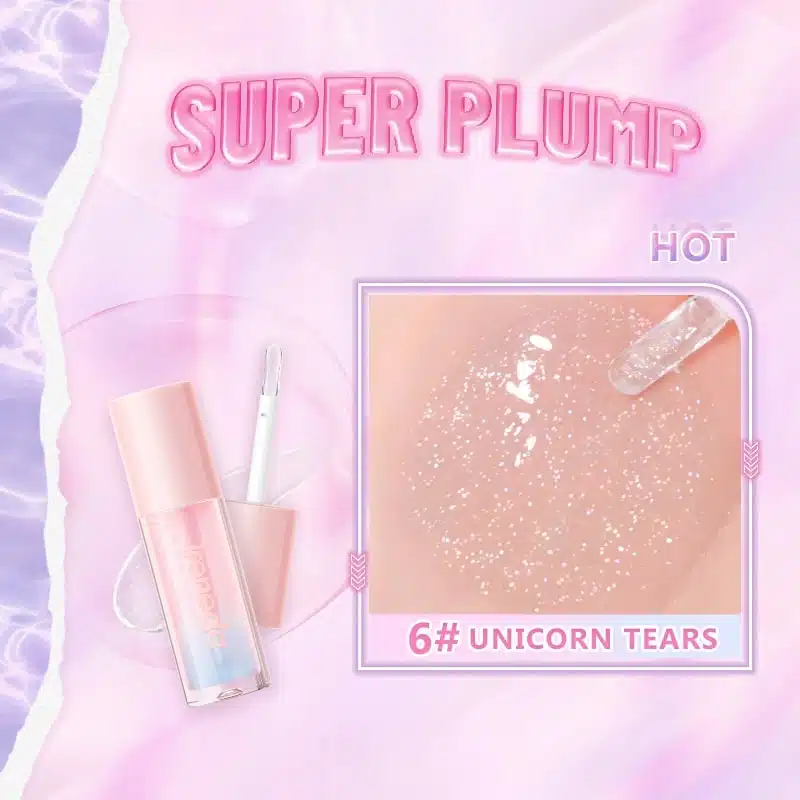 Ireneda Hi-shine Lip Gloss IR06 Unicorn Tears, clear tube with iridescent pink shimmer, applicator visible. - thumbnail