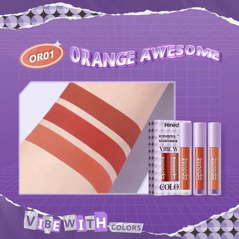 Three Ireneda matte liquid lipsticks in warm shades, upright with black caps, showing kit packaging. - thumbnail